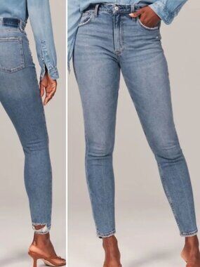 Abercrombie & Fitch Curve Love The Skinny High Rise Jeans Medium Wash Raw Hem 25
